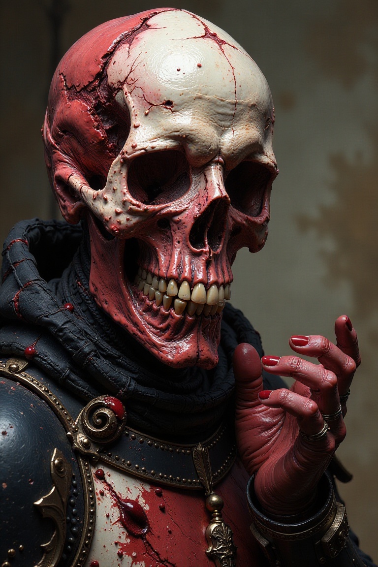 Illustration in the style of darksurrealist,  portrait of an undead knight,  with rotting flesh covering the skull on Tens...