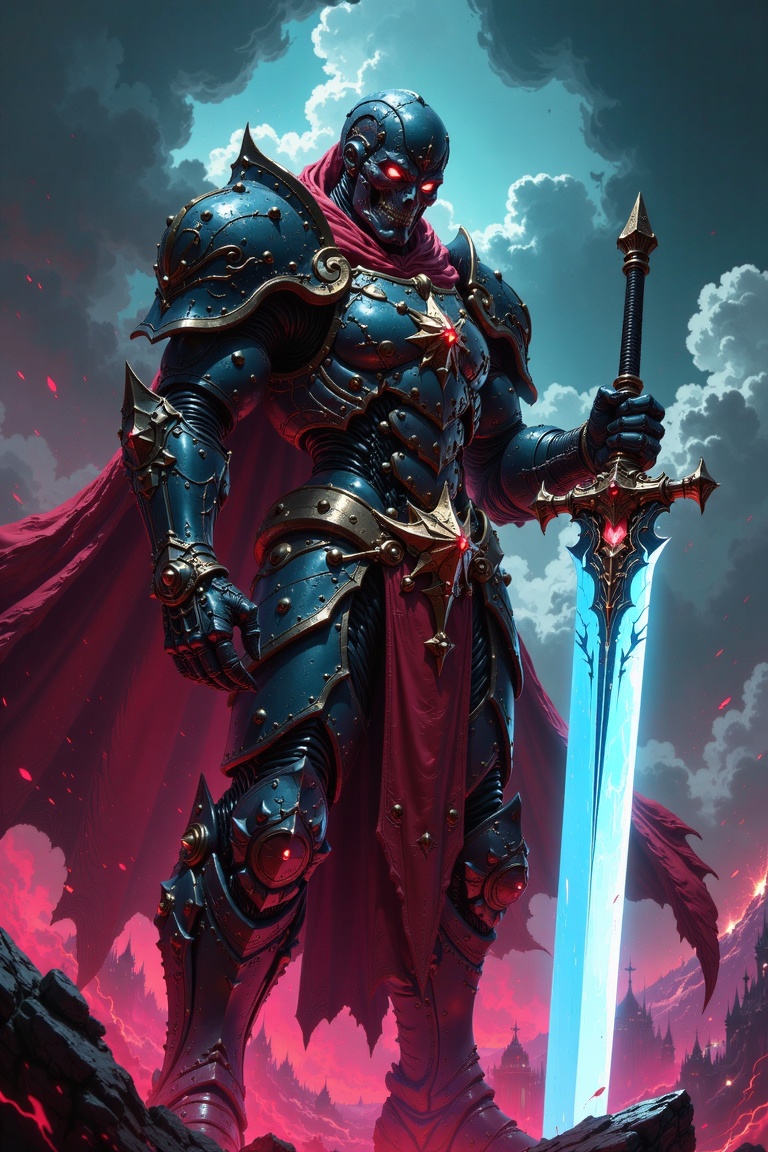 Illustration in the style of darksurrealist,  highly detailed a close up of a Death Knight holding a giant glowing sword,...