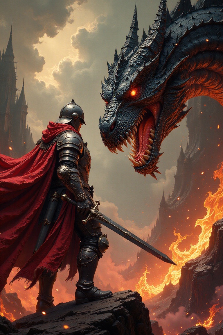 Illustration in the style of darksurrealist,  medieval knight wearing full armor with helmet and holding sword,  fighting...