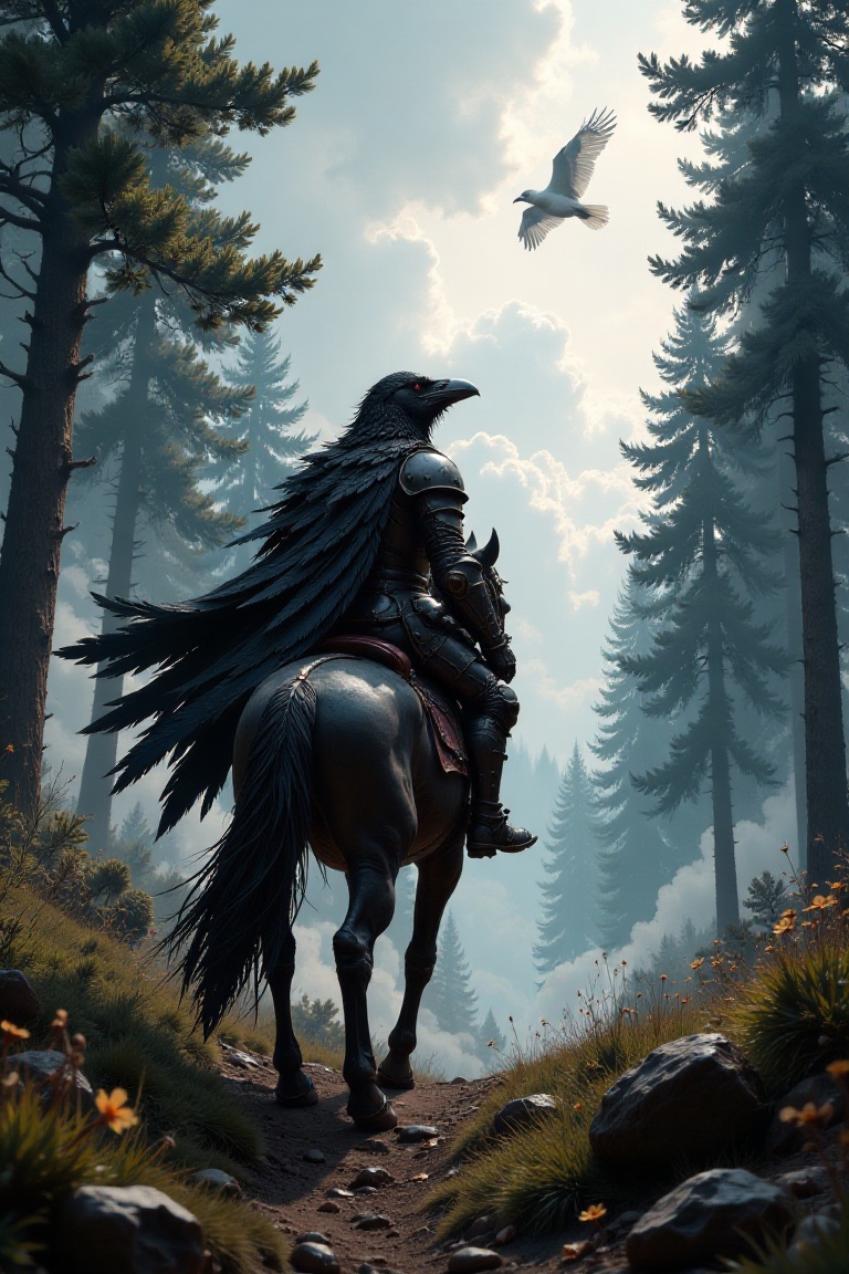 Illustration in the style of darksurrealist,  A dark knight raven in full armor with a cape made of black feathers mounted...