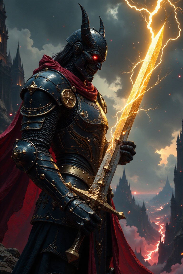 Illustration in the style of darksurrealist,  A knight with black armor,  the black armor has golden coloured rune on it o...
