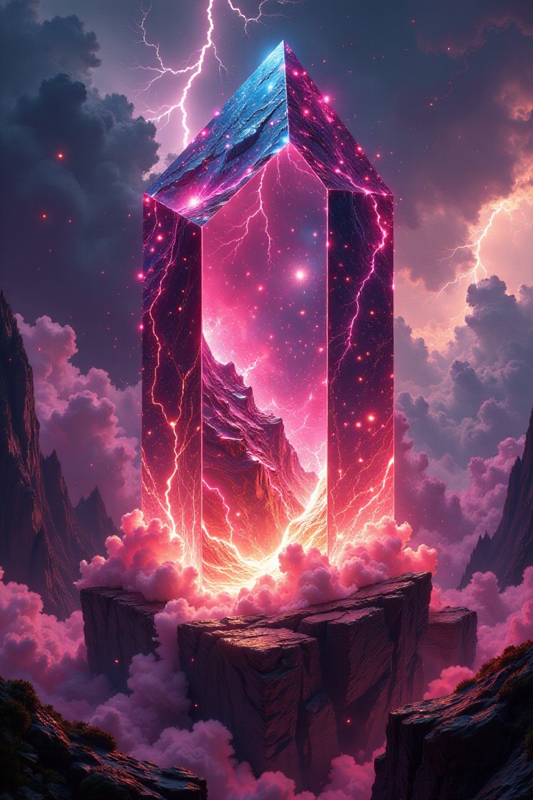 Illustration in the style of darksurrealist,  a large glowing transparent natural regular crystal,  mystic fog inside on T...