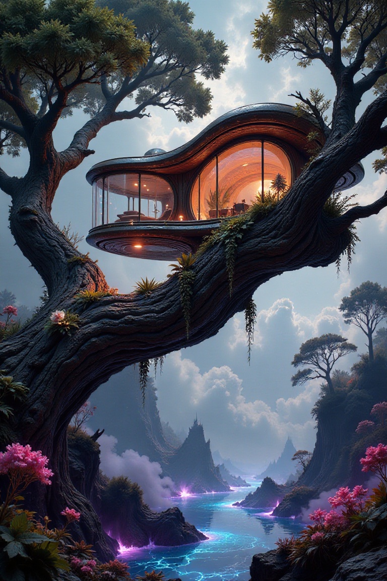 Illustration in the style of darksurrealist,  An extraordinary dwelling precariously balanced on an enormous,  gnarled bra...