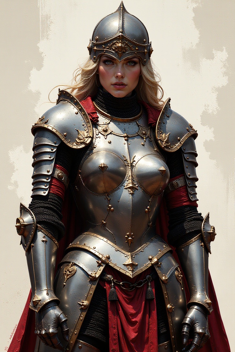 Illustration in the style of darksurrealist,  FluxArtorias,  A formidable female knight is portrayed in exquisite detail o...