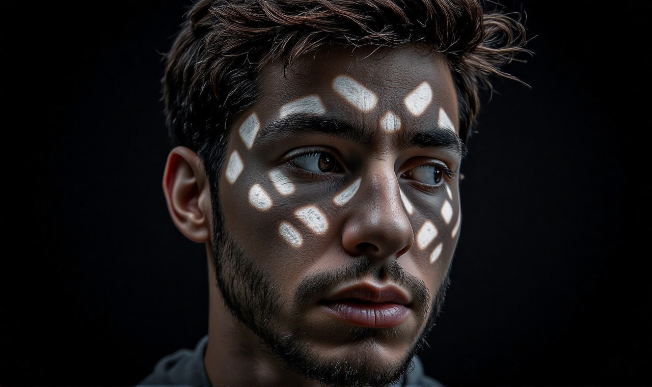 High-contrast beams of light pierce through a perforated object,  casting bold dots and elongated lines across the face of...