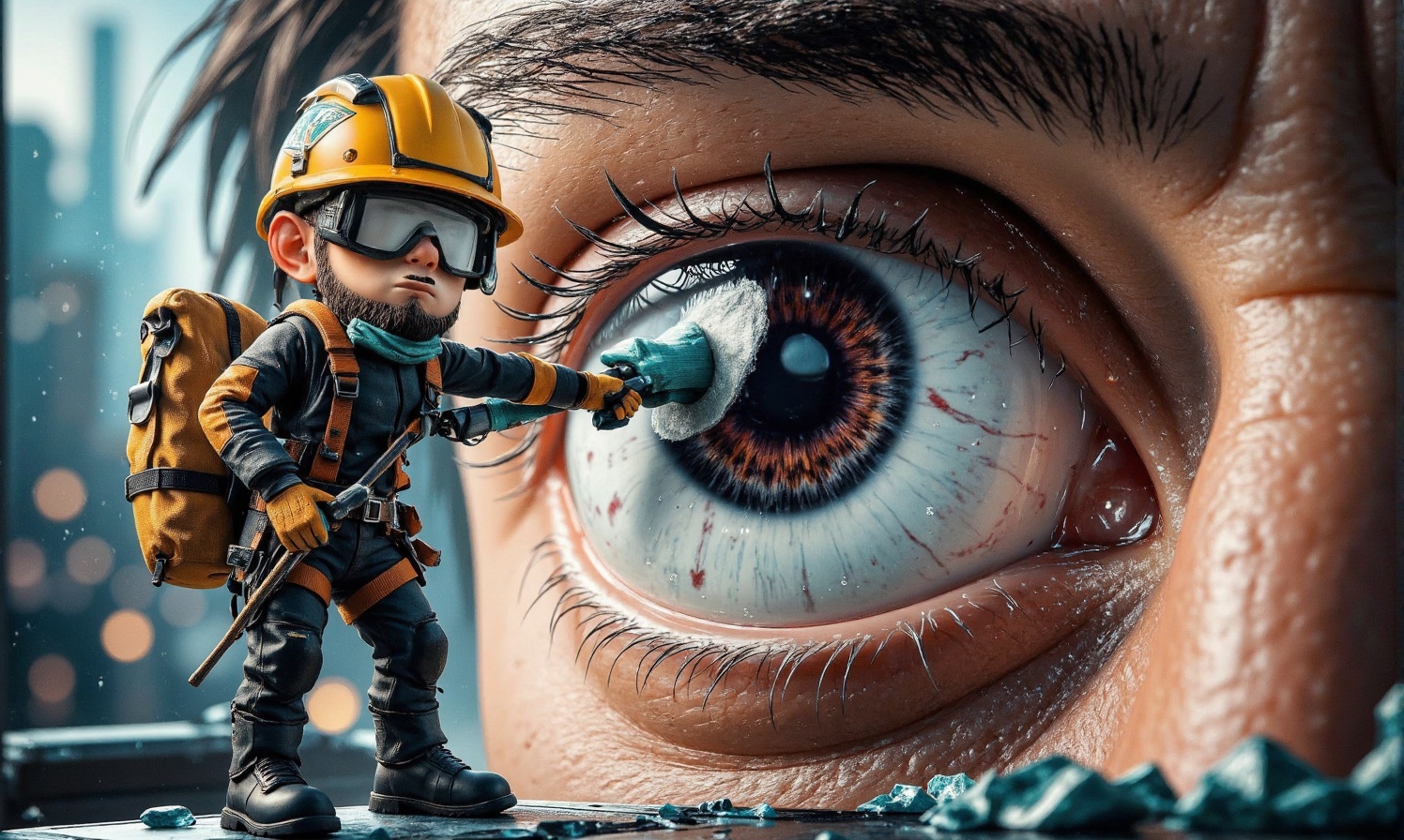 A hyper-realistic scene of a tiny man dressed as a highrise window cleaner,  complete with a safety harness,  helmet on Te...