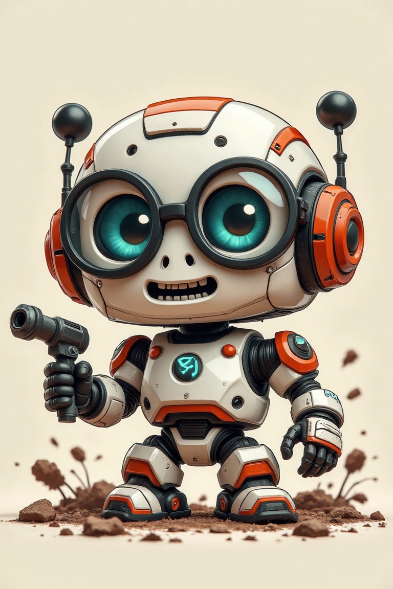 Create a chibi-style cute robot with an endearing and comical design. Picture the robot in a playful pose,  maybe holding...