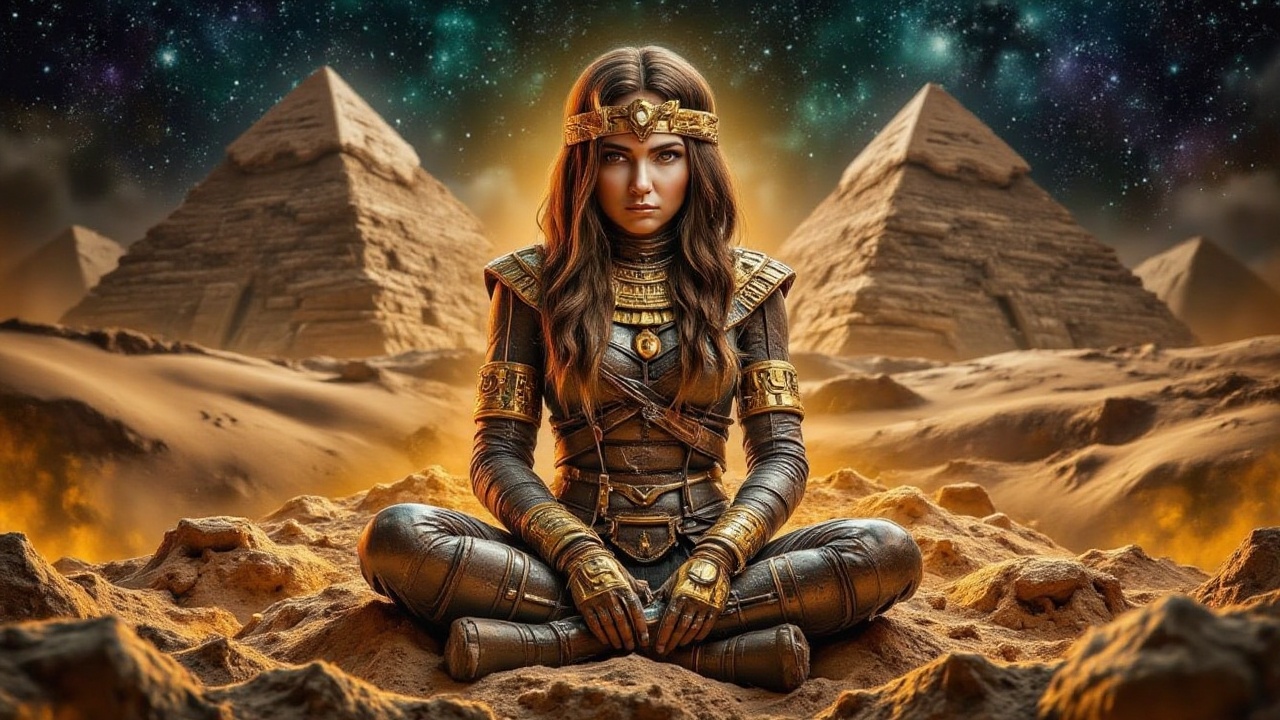 A regal female mummy sits cross-legged on a dusty desert floor,  wrapped in intricately woven golden bandages that glisten...