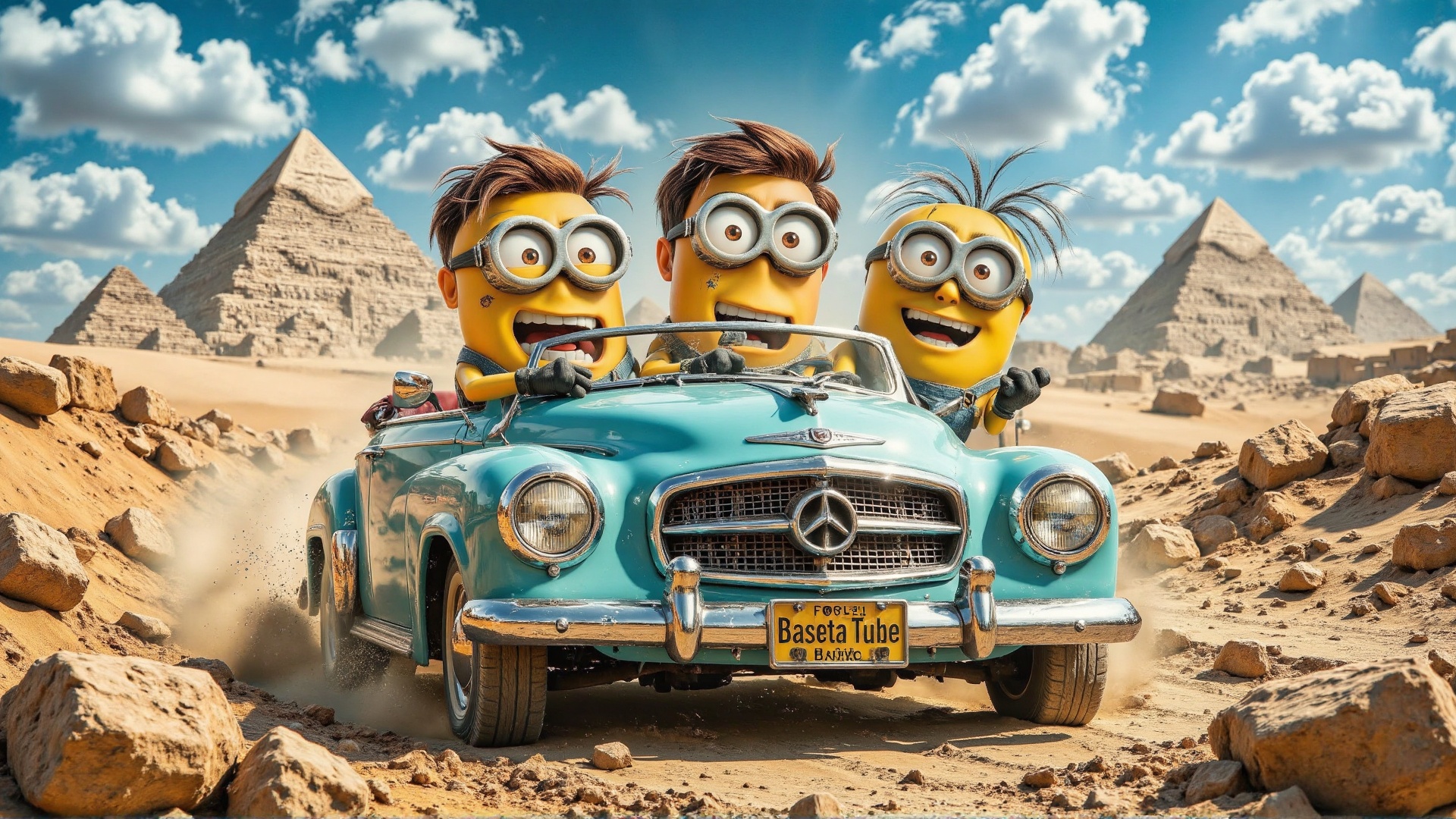 Animated,  cartoon Minions in a light blue vintage cabriolet driving along a sandy road in front of the Pyramids of Giza....