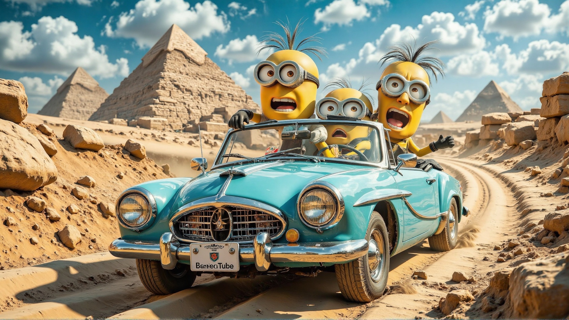 Animated,  cartoon Minions in a light blue vintage cabriolet driving along a sandy road in front of the Pyramids of Giza....