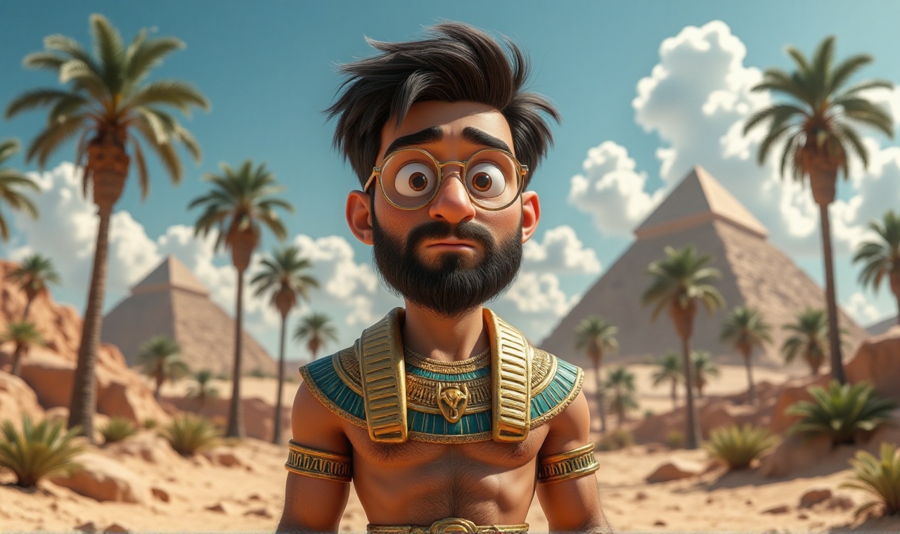 A whimsical Egyptian pharaoh standing proudly,  adorned in traditional golden regalia with intricate hieroglyphs etched in...