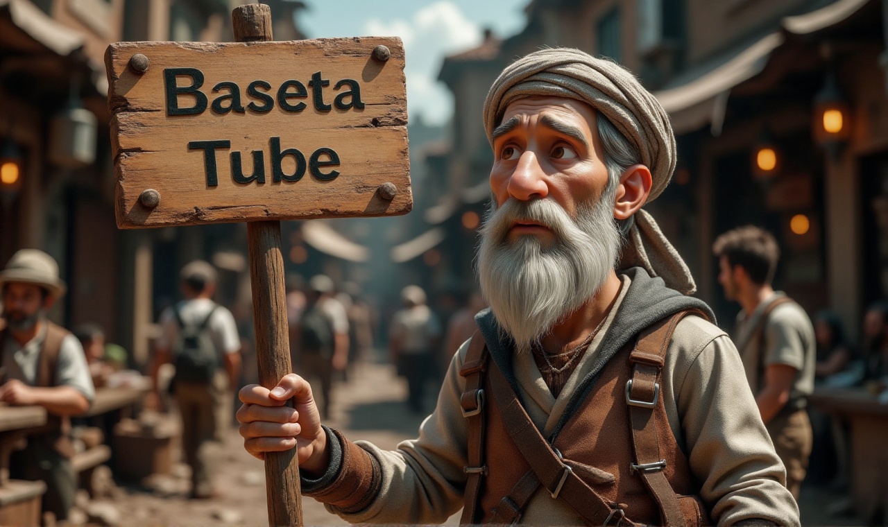 The image depicts an elderly man with a long white beard and a headscarf,  standing in what appears to be a bustling marke...