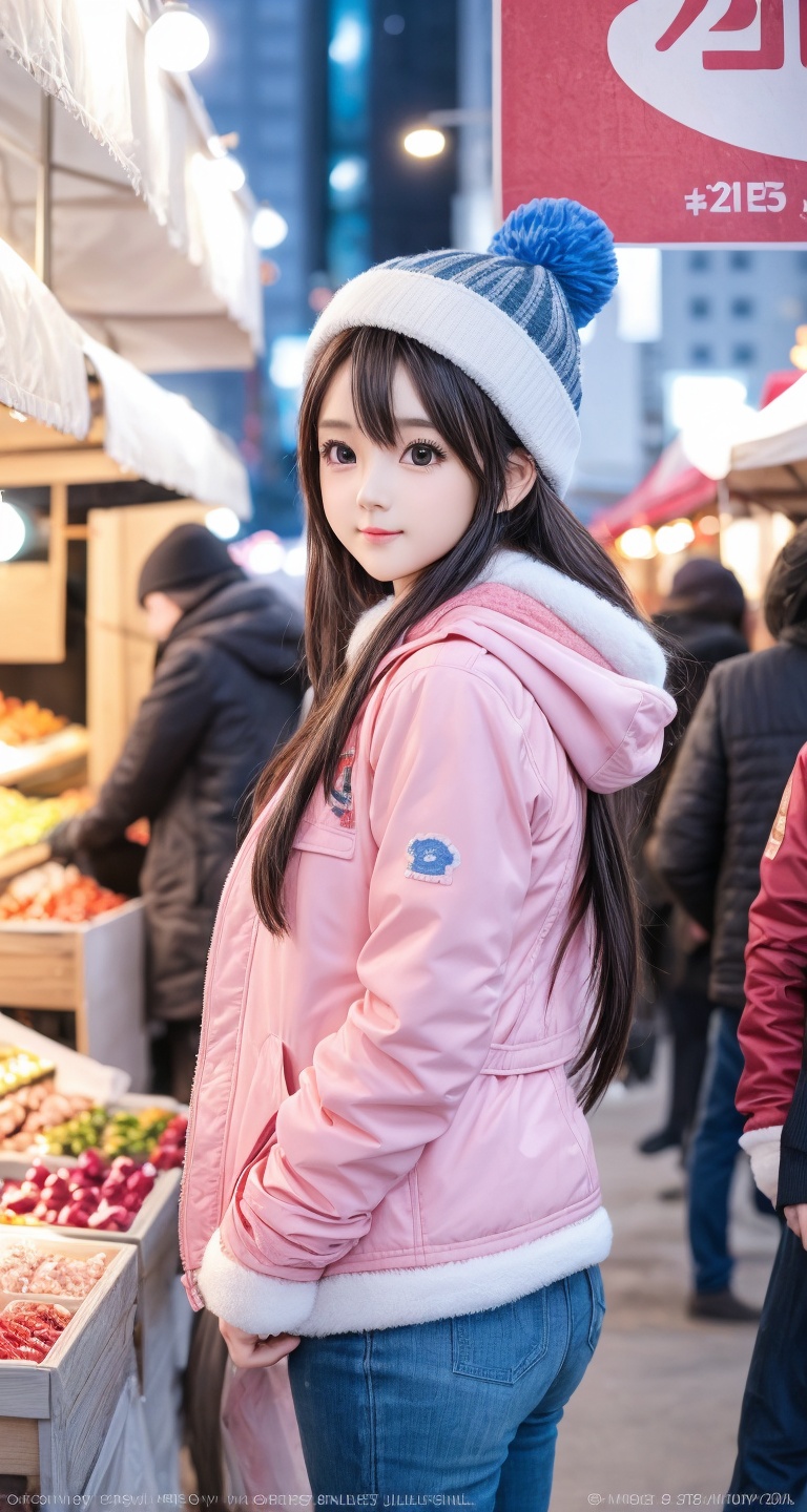 A gorgeous girl with beautiful hair and thoughtful expression stands amidst the vibrant atmosphere of an outdoor winter ma...