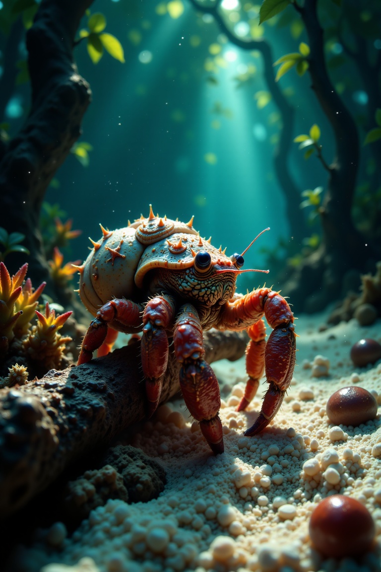 A stunning photograph of a majestic hermit crab (masteepice) perched on a branch amidst the eerie darkness of an underwate...