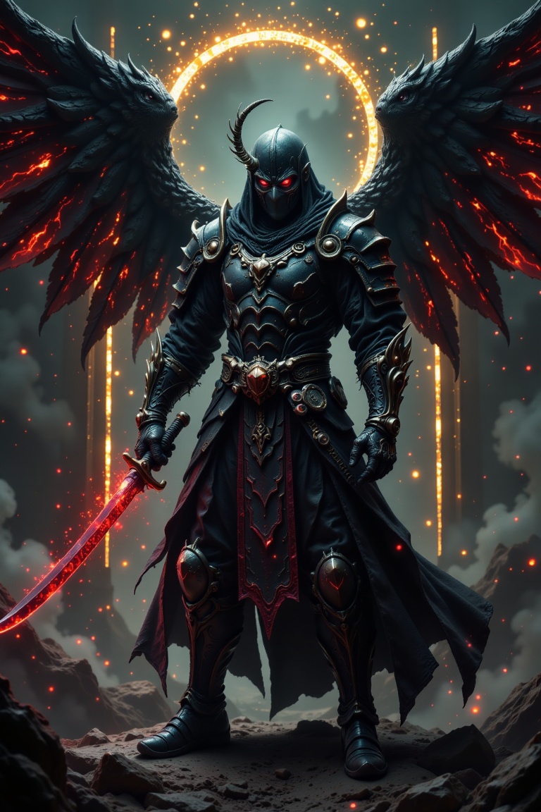 full body warrior of darkness in black cloth armor clad in shadow dark mist has red eyes with a thing red mist running fro...