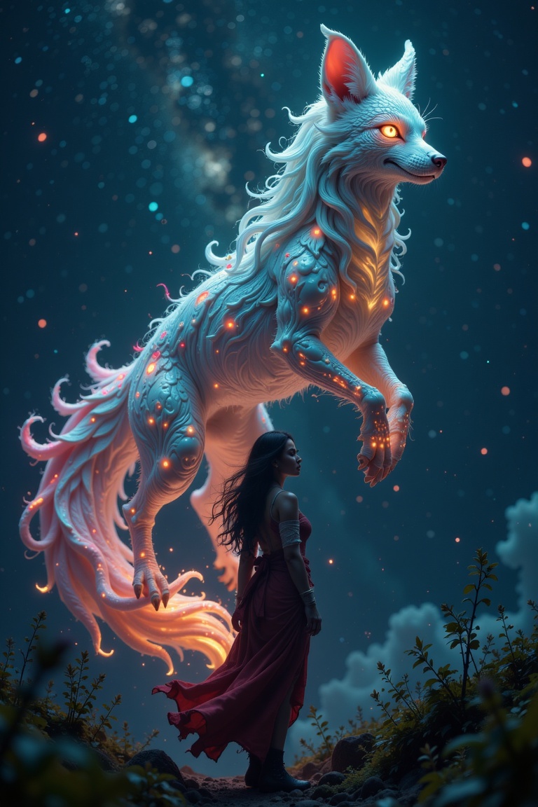 Bosstyle,  Silhouette of a Woman fighting a giant DARK mononoke Monster Boss resembling a ethereal fox with seven tails: C...