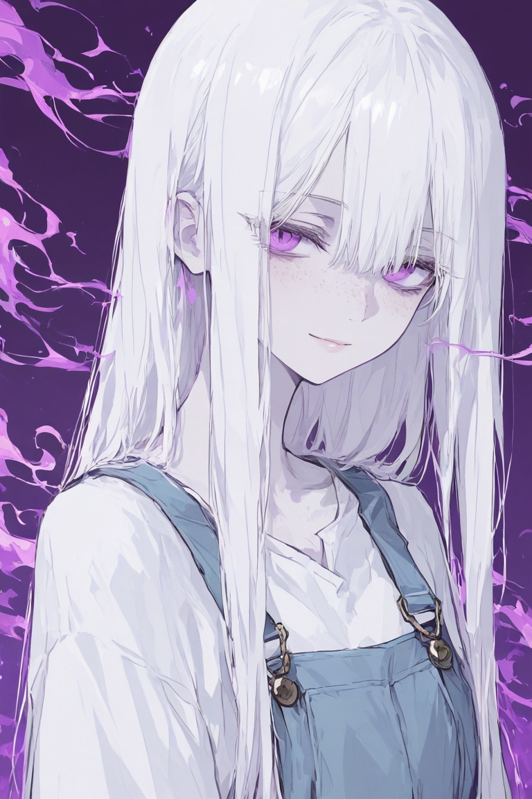 The image features a striking portrait of a person with long,  flowing white hair that cascades over their shoulders. The...
