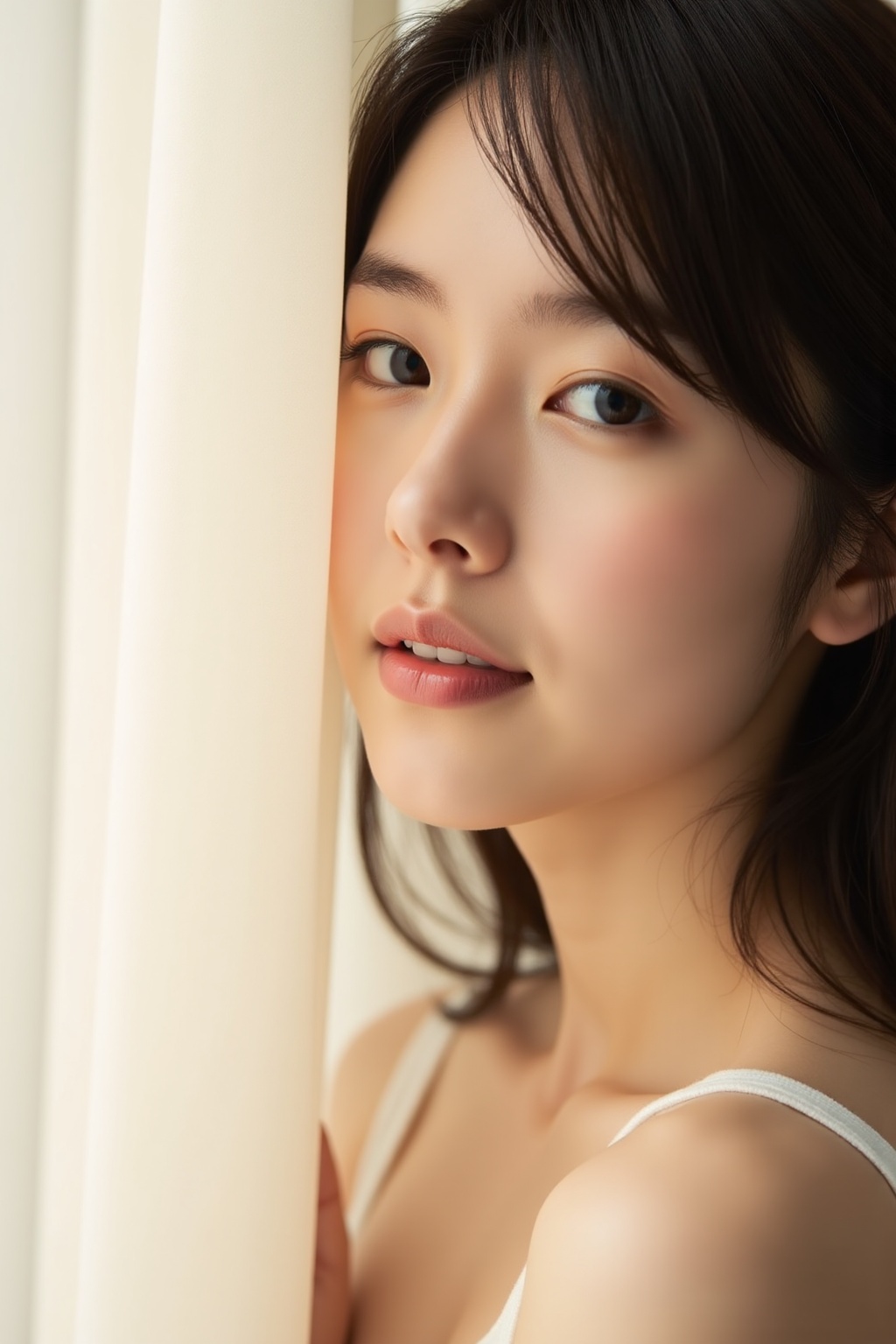 A softly lit half-portrait of an Asian woman,  her enigmatic quiet confidence radiating from her face as she gazes off-cam...