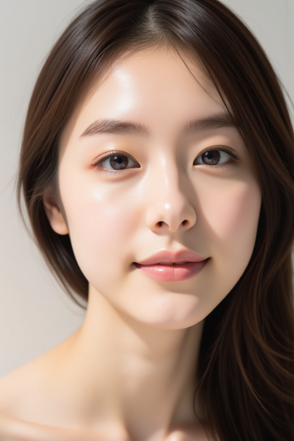 Softly lit half-portrait of an Asian woman with enigmatic quiet confidence radiating from her face. Her smooth,  luminous...