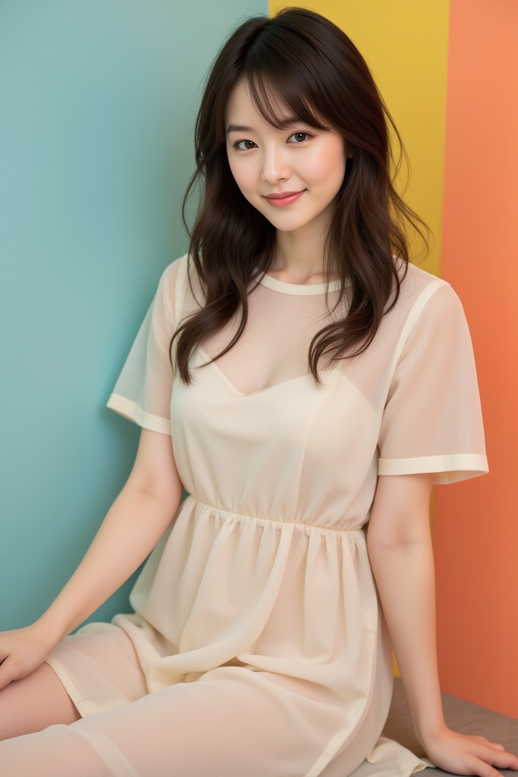 A captivating shot of a beautiful Japanese woman: Against a vibrant background,  a medium-sized young woman with stunning...
