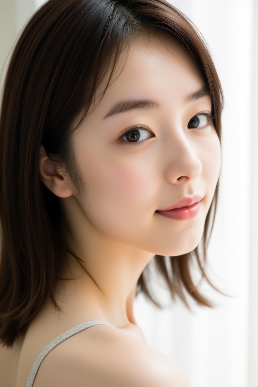 A serene half-lit portrait of an Asian woman in her youthful prime,  her face aglow with quiet confidence. Softly lit from...