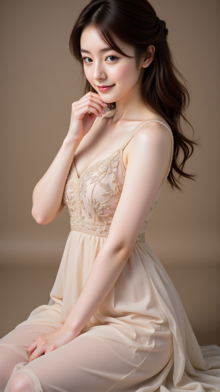 a young Asian woman with perfect body,  wears embroidery round neckline dress,  eyes on camera on Tensor.Art