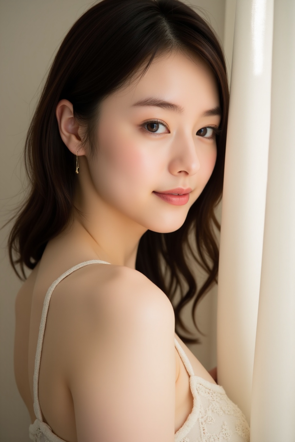 A softly lit half-portrait of an Asian woman,  her enigmatic quiet confidence radiating from her face as she gazes off-cam...