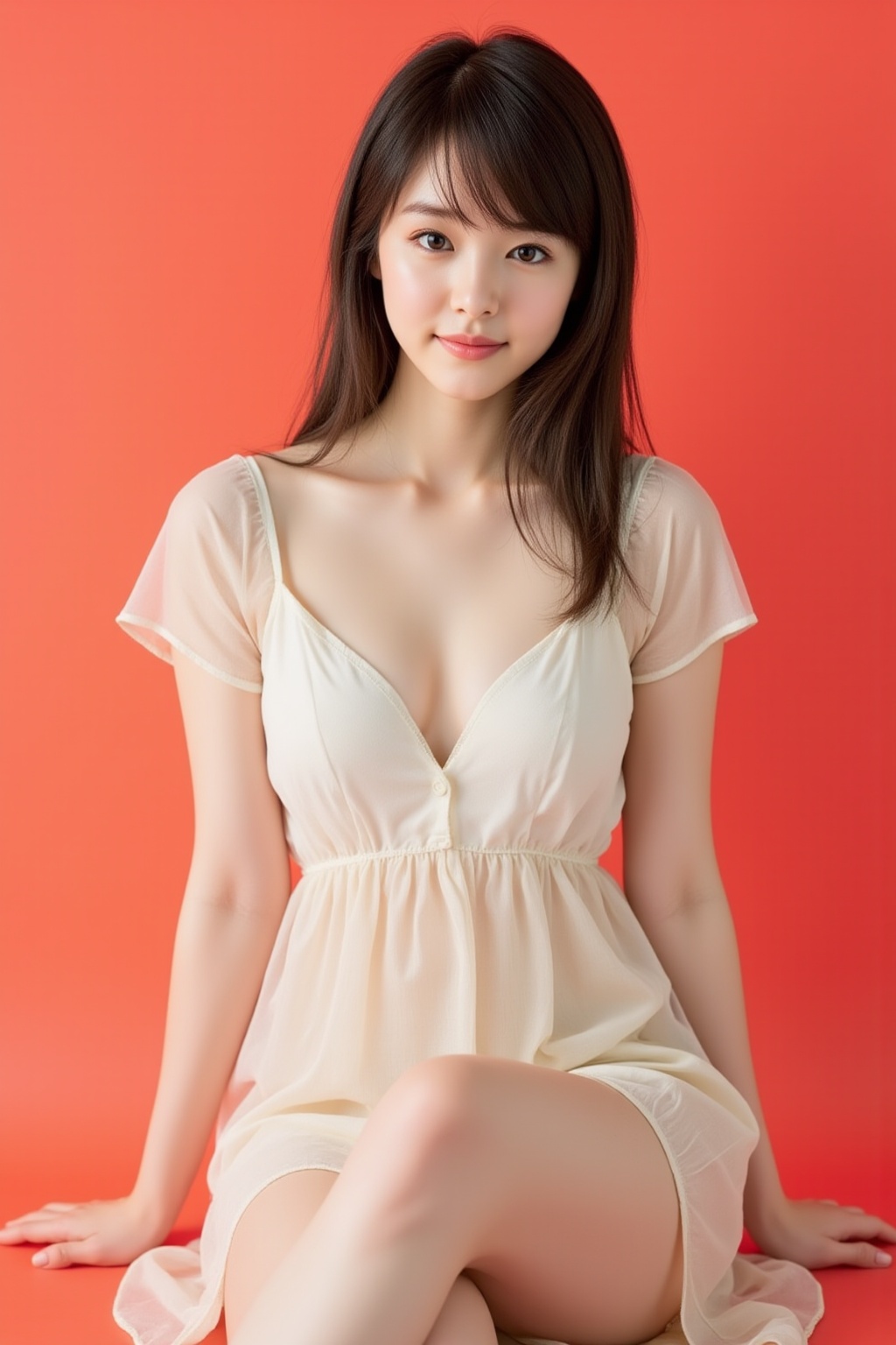 A captivating shot of a beautiful Japanese woman: Against a vibrant background,  a medium-sized young woman with stunning...