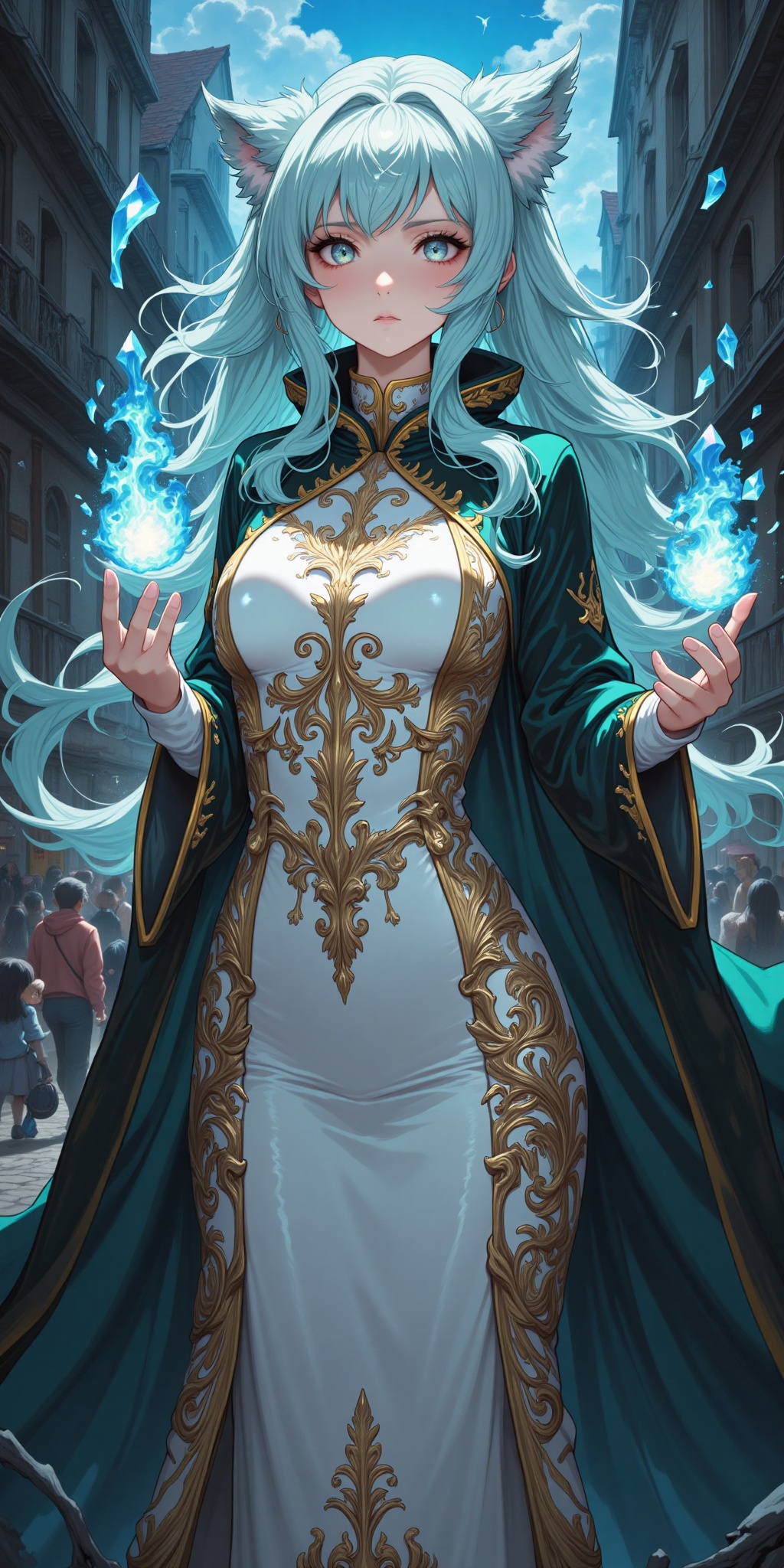 A mystical witch performing awe-inspiring illusions amidst the bustling chaos of the town square,  his robes billowing as...