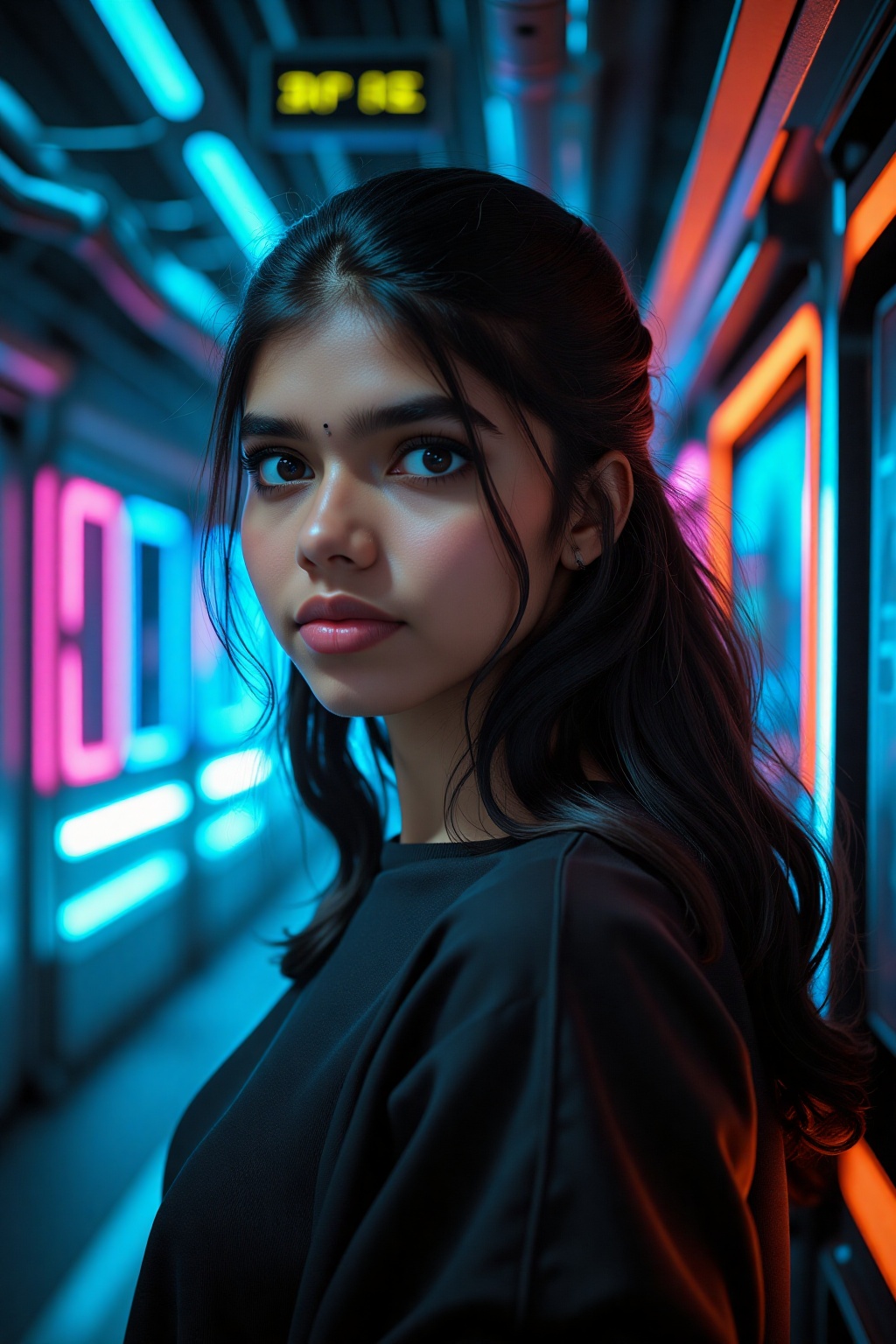 A beautiful mallu women,  teal and orange colour lighting in background,  futuristic subway on Tensor.Art