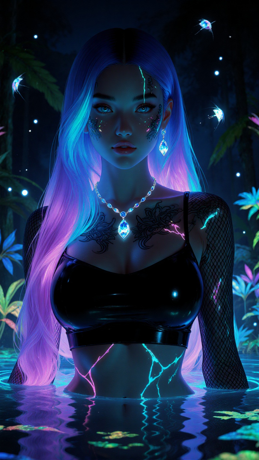 Photorealistic CGI portrait of a striking woman standing waist-deep in glowing jungle waters at night. Her long hair fades...