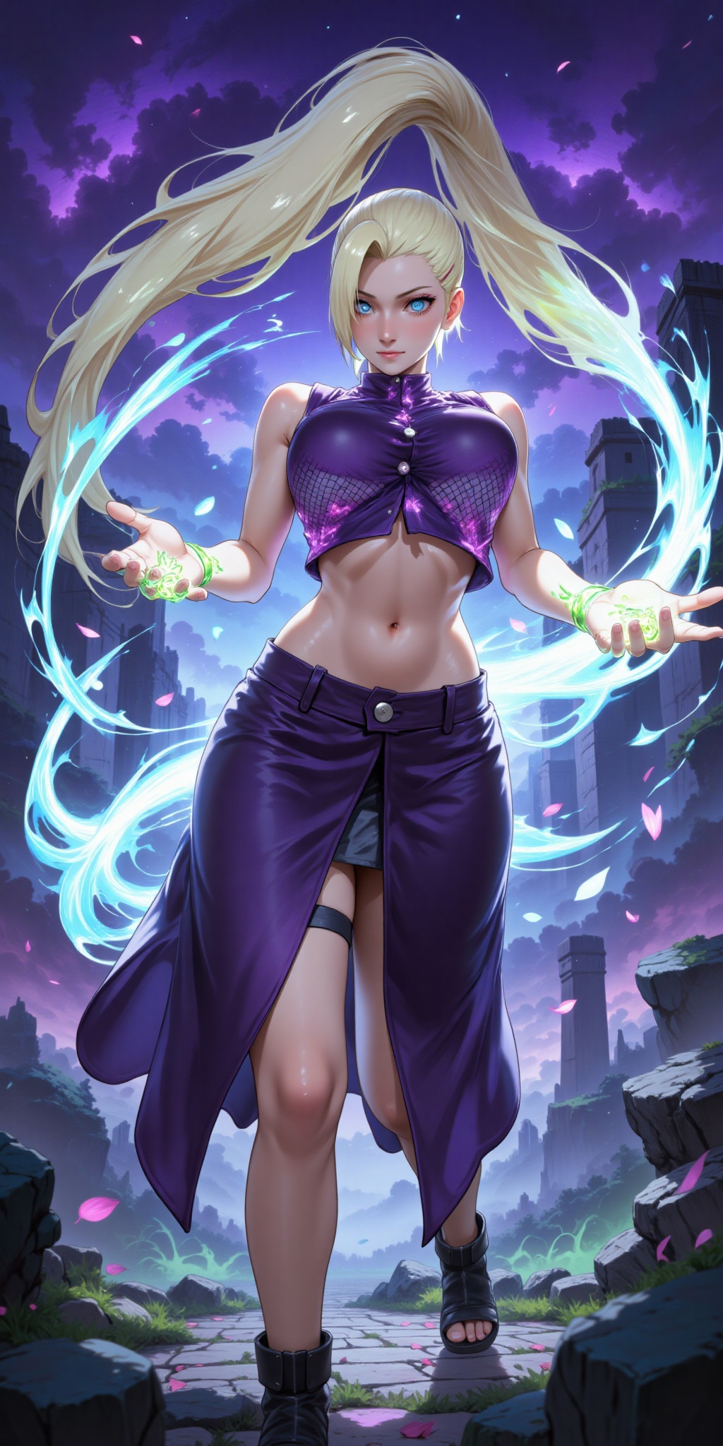 Ino Yamanaka stands in the center of a stylized anime battlefield,  her platinum blonde hair flowing dramatically in the w...