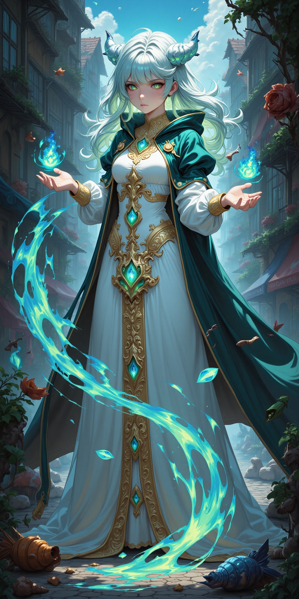 A mystical witch performing awe-inspiring illusions amidst the bustling chaos of the town square,  his robes billowing as...