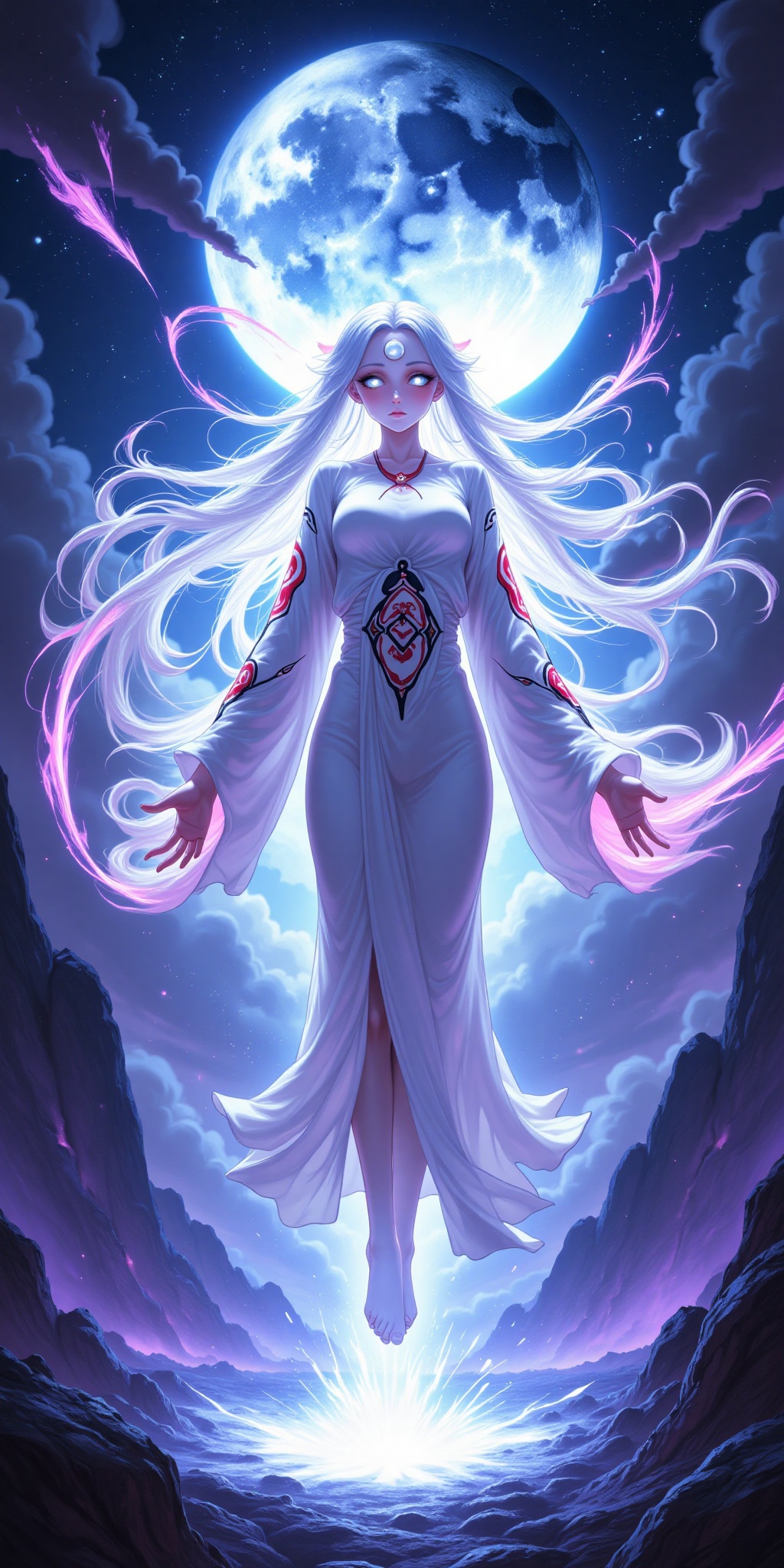 Kaguya Ōtsutsuki floats above a glowing crater in a surreal anime dreamscape,  her long white hair billowing in every dire...