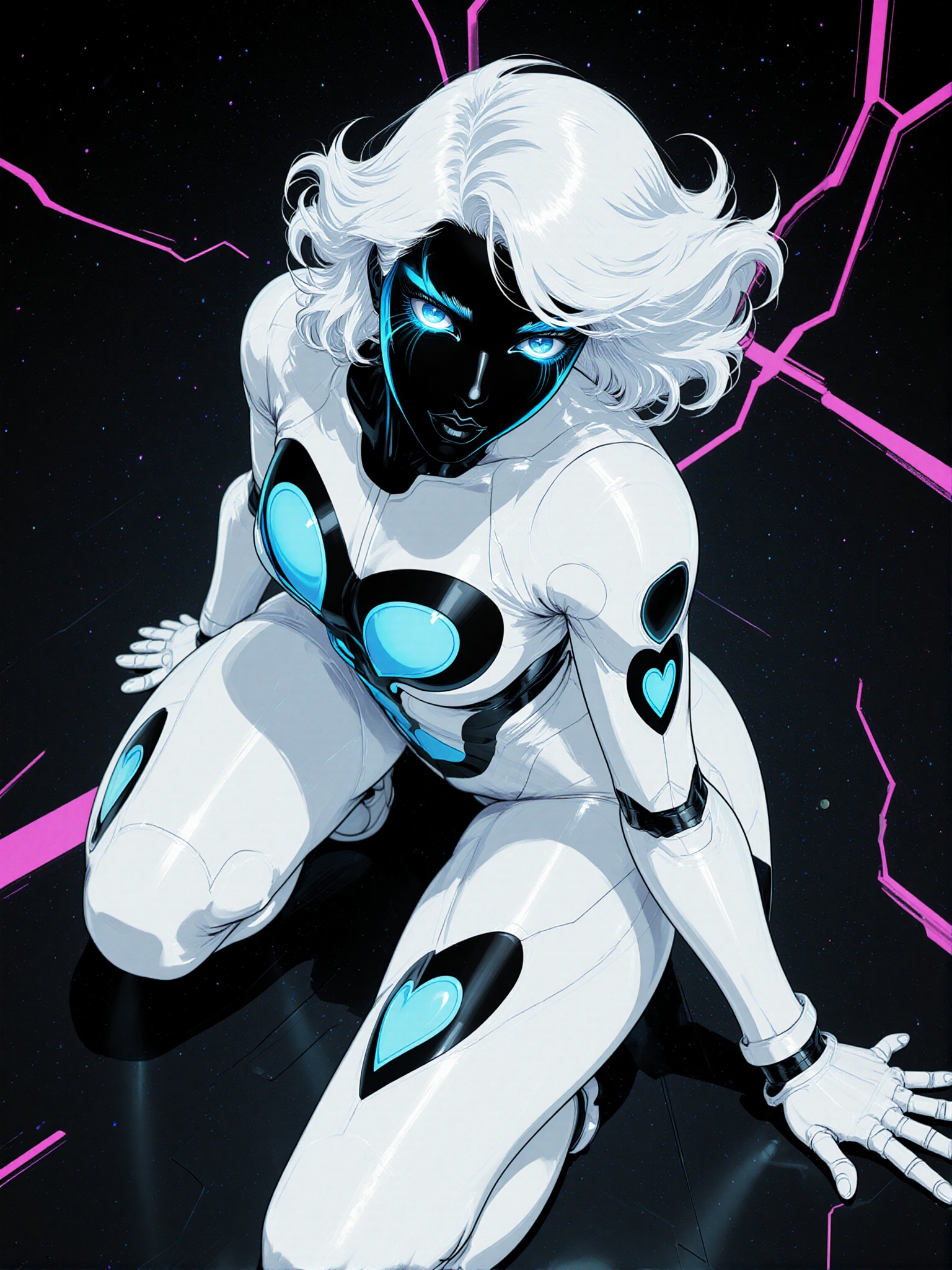 a stylized,  futuristic character with a humanoid form. The character has white,  wavy hair and a black on Tensor.Art