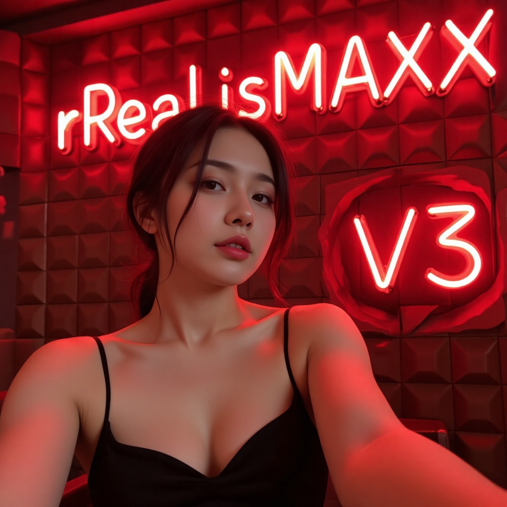 there is red neon with text "rReaLisMAXX V3" in the background,  featuring a woman posing wearing black camisole, on Tenso...