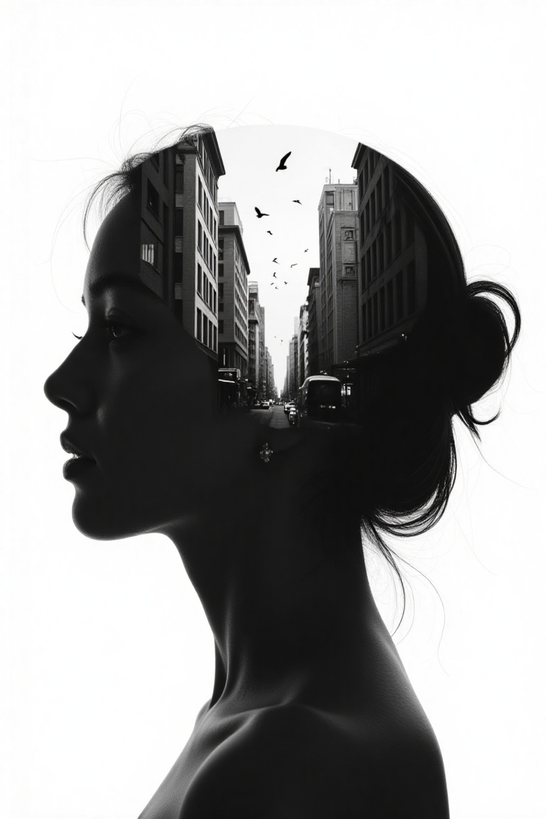silhouette of woman's head,  within which there appears to be a cityscape with buildings. (birds FLY BETWEEN BUILDINGS,  I...