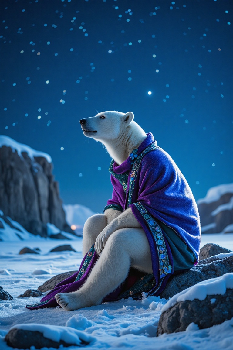 In this captivating realistic shot,  an anthropomorphic polar bear dressed in a richly textured,  jewel-toned shawl sits c...