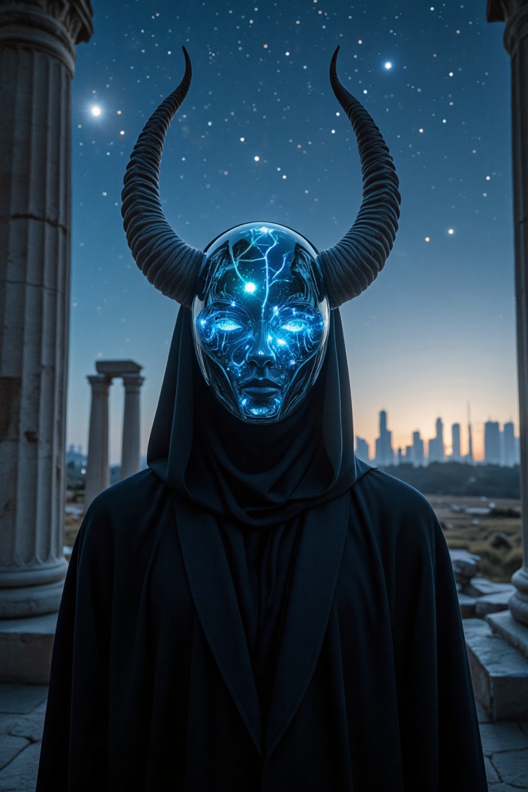 Cinematic,  futuristic scene featuring a close-up portrait of a mysterious figure wearing a dark,  flowing robe. The figur...