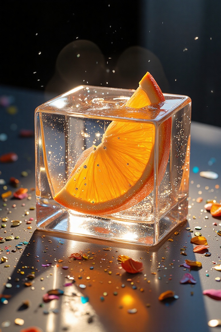 3D render,  realistic,  shining orange slice inside faceted ice cube on Tensor.Art