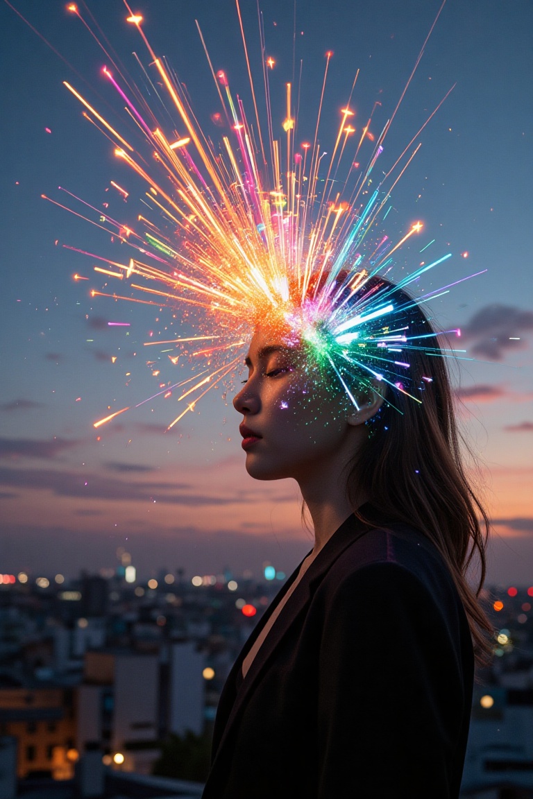 A surreal and glitch-inspired depiction of a figure with their head dissolving into a vibrant explosion of colorful light...