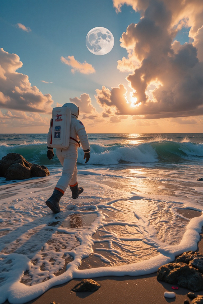astronaut walking on sunshine,  vfx explosions in the background by john carpenter and michael bay,  parting the sea on Te...