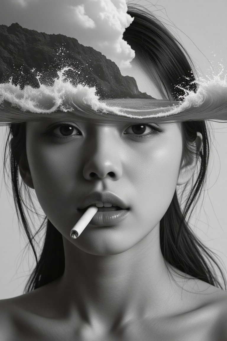 A surreal artwork showing a asian woman face with a cigarette in their mouth. upper face is obscured by what looks like a...