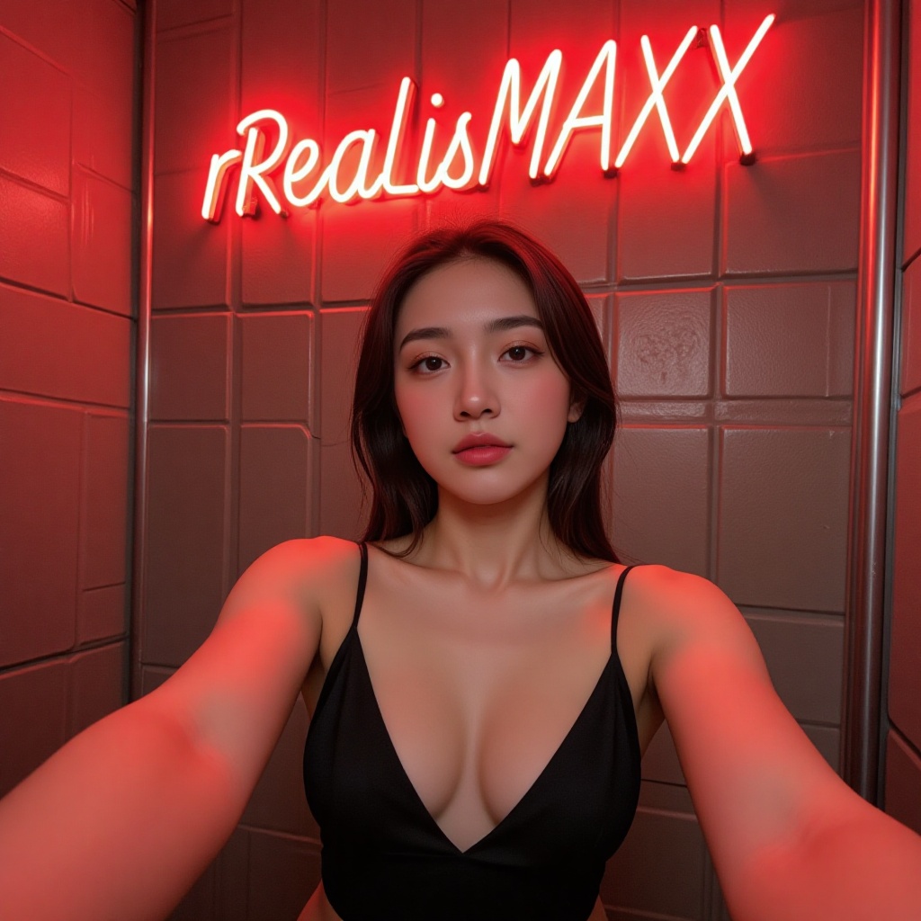 a woman posing wearing black camisole,  there is red neon with text "rReaLisMAXX V3" ,  a pov of taking an instagram selfi...