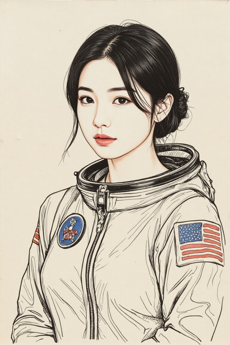 illustration of Japanese woman 1960s Astronaut in style of ink sketch on construction paper. ((intricate paper texture)) o...