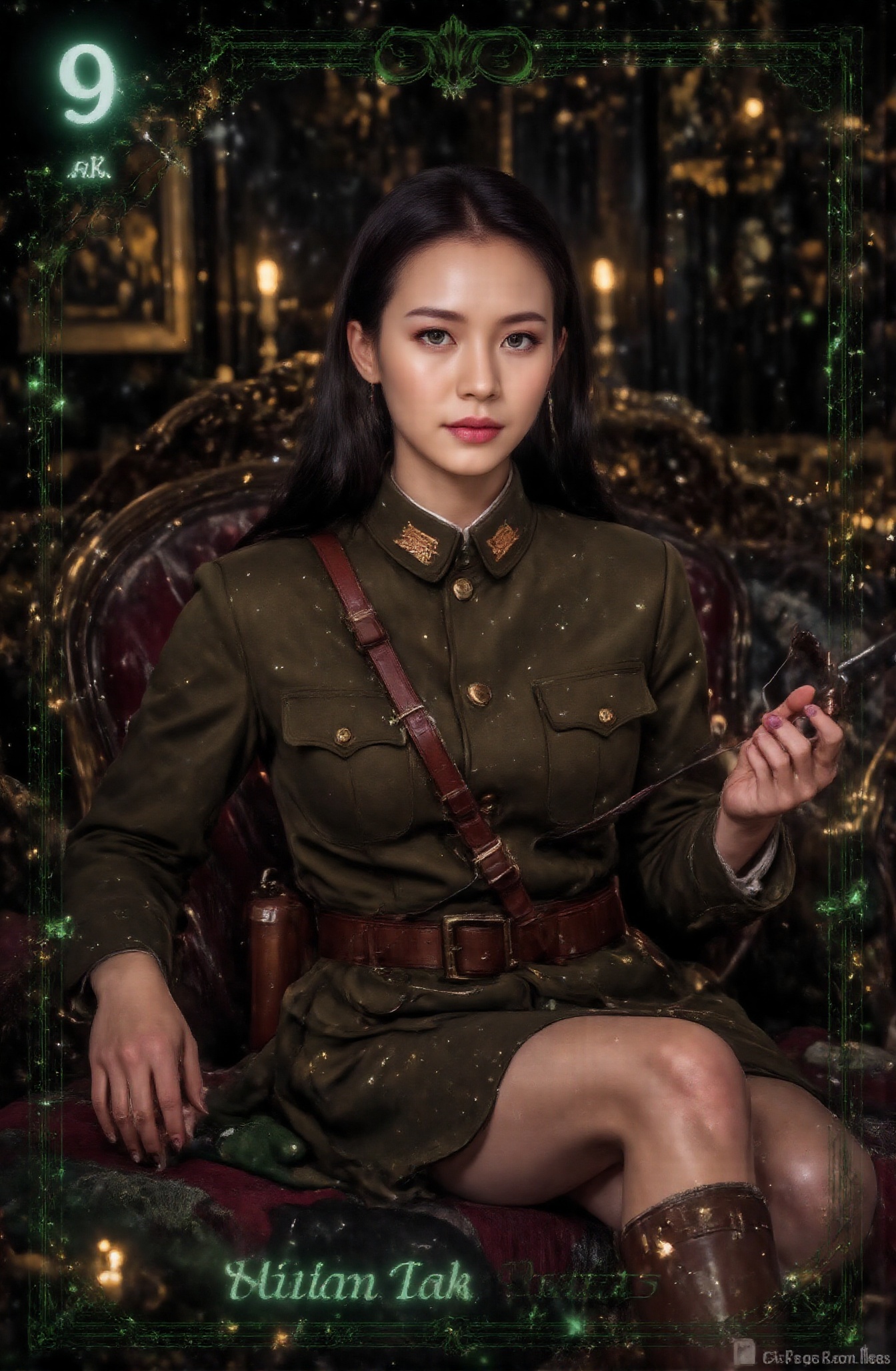 Score_9,  a handsome and neat military uniform beauty tarot card. The name of the tarot card,  "Military Beauty on Tensor.Art