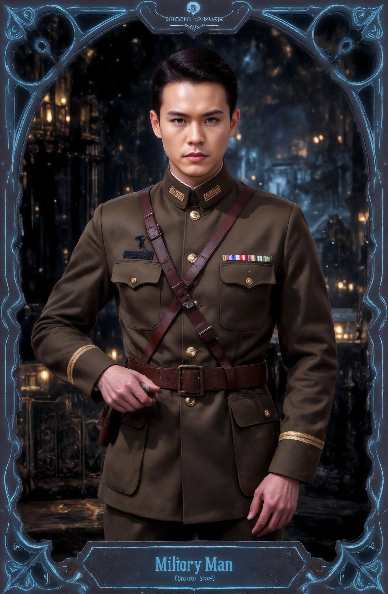 Score_9,  a handsome and neat military uniform man tarot card. The name of the tarot card,  “Military Man on Tensor.Art