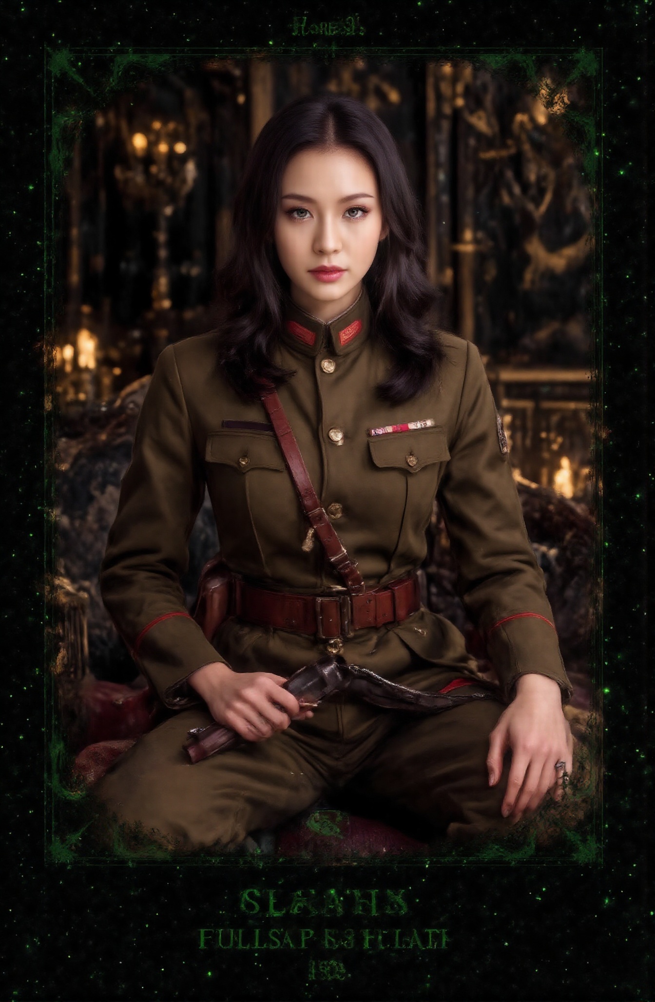 Score_9,  a handsome and neat military uniform beauty tarot card. The name of the tarot card,  "Military Beauty on Tensor.Art