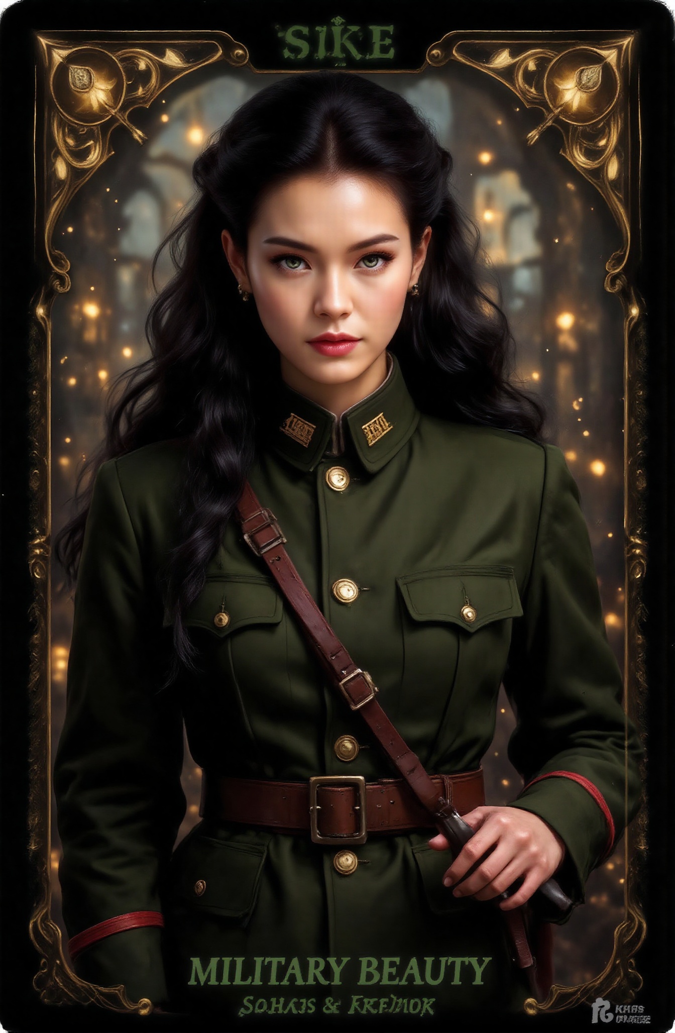 Score_9,  a handsome and neat military uniform beauty tarot card. The name of the tarot card,  "Military Beauty on Tensor.Art
