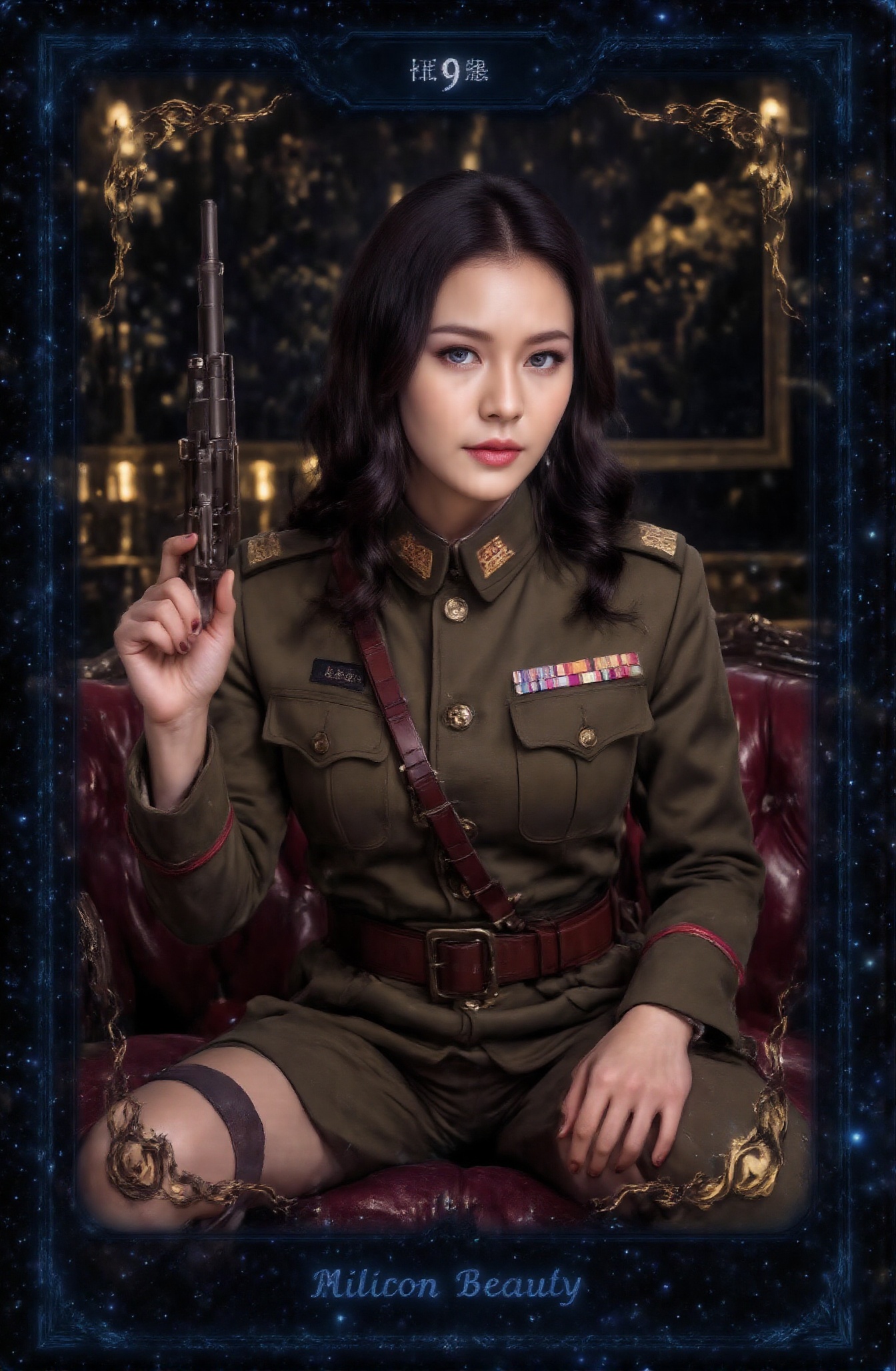 Score_9,  a handsome and neat military uniform beauty tarot card. The name of the tarot card,  "Military Beauty on Tensor.Art